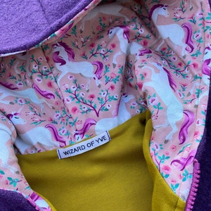 Chaqueta de paseo o abrigo de paseo chaqueta puntiaguda de paseo de lana virgen violeta-violeta mostaza / rosa y unicornios imagen 5