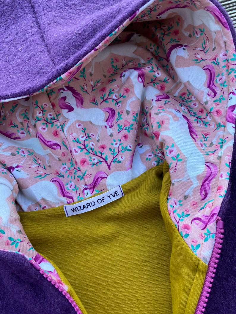 Chaqueta de paseo o abrigo de paseo chaqueta puntiaguda de paseo de lana virgen violeta-violeta mostaza / rosa y unicornios imagen 5