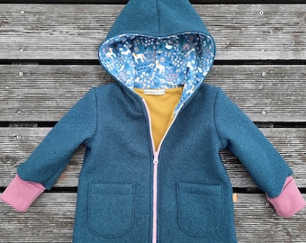 NEU! Walkjacke oder Walkmantel Zipfel-Jacke Schurwolle Walk Pferde Kobalt-Blau & Senf-Altrosa