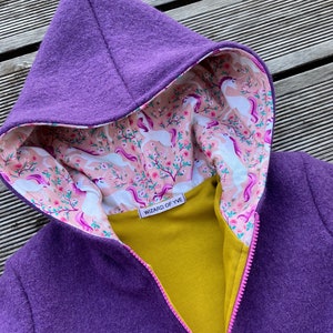 Chaqueta de paseo o abrigo de paseo chaqueta puntiaguda de paseo de lana virgen violeta-violeta mostaza / rosa y unicornios imagen 3