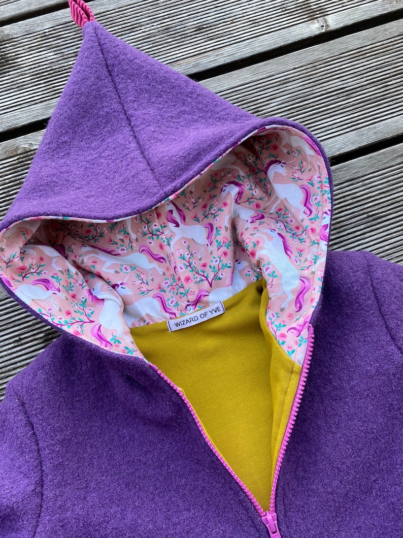 Walk jacket or walk coat pointed jacket virgin wool walk purple-violet mustard / pink & unicorns image 3