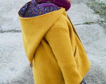 Felted wool coat, woolen hem coat, mustard yellow, aubergine, berries/flowers