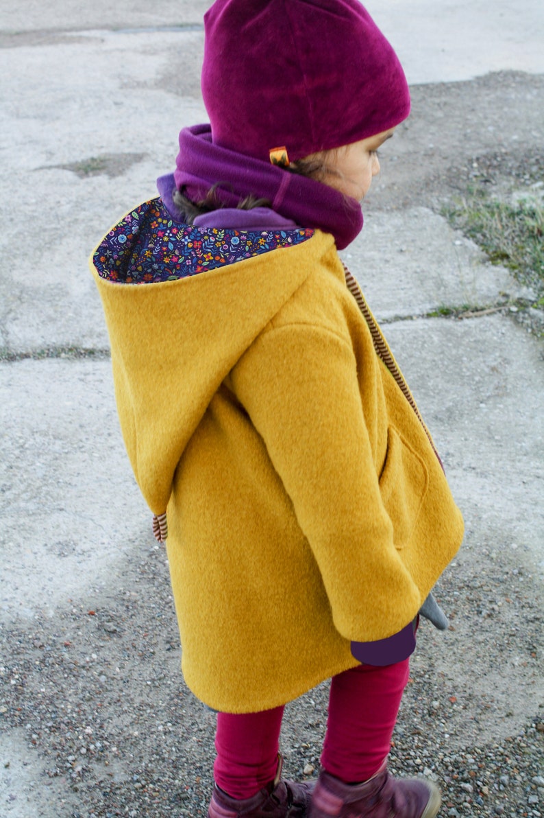 Walk coat virgin wool walk pointed coat mustard yellow aubergine flowers violet image 3