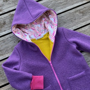 Chaqueta de paseo o abrigo de paseo chaqueta puntiaguda de paseo de lana virgen violeta-violeta mostaza / rosa y unicornios imagen 2