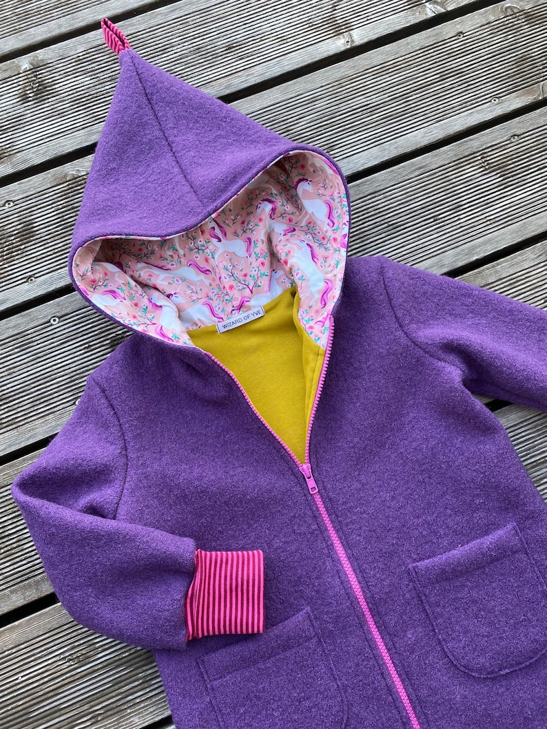 Walk jacket or walk coat pointed jacket virgin wool walk purple-violet mustard / pink & unicorns image 2