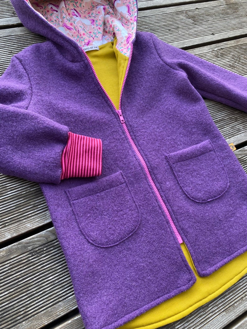 Walk jacket or walk coat pointed jacket virgin wool walk purple-violet mustard / pink & unicorns image 4