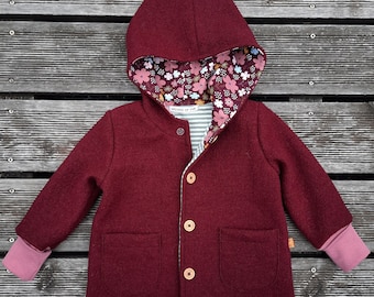 Walkjacke oder Walkmantel Zipfel-Jacke Schurwolle Walk dunkle Bordeaux Altrosa_& Blumen