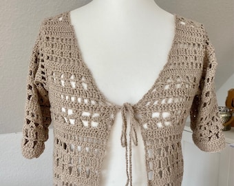 Crochet jacket made of natural cotton-linen yarn, size 38, natural - or your size and desired color