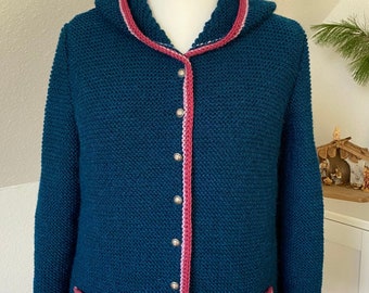 Hand-knitted traditional jacket with hood made from a pure virgin wool-alpaca mix - in your desired color