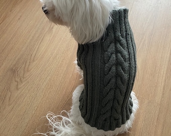 Hand-knitted cable-knit dog sweater made from a pure virgin wool-alpaca mix
