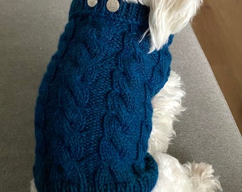 Hand-knitted dog sweater with a cable pattern in your desired color - pure virgin wool-alpaca mix