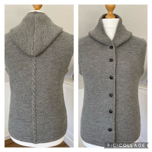 Hand-knitted vest with hood made from a pure virgin wool-alpaca mix - in your desired color