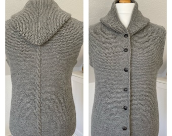 Hand-knitted vest with hood made from a pure virgin wool-alpaca mix - in your desired color