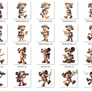 May include: A collection of cartoon character images, including Donald Duck and Mickey Mouse, dressed in safari outfits. Each character is depicted in various poses, some holding maps or binoculars. The images are labeled with text such as "MARGARIDA" and "MICKEY".
