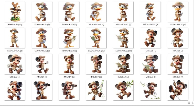 May include: A collection of cartoon character images, including Donald Duck and Mickey Mouse, dressed in safari outfits. Each character is depicted in various poses, some holding maps or binoculars. The images are labeled with text such as "MARGARIDA" and "MICKEY".