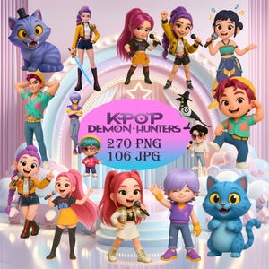 Peut inclure: Illustration numérique avec des personnages de dessins animés, dont des chanteurs avec des microphones, un chat bleu et le texte "KPOP DEMON HUNTERS 270 PNG 106 JPG". Les personnages sont dans diverses poses et tenues.
