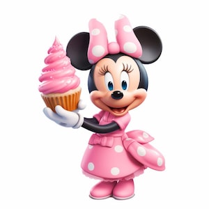 Puede incluir: Ilustraci&oacute;n de dibujos animados de Minnie Mouse sosteniendo una magdalena rosa. Minnie Mouse lleva un vestido rosa con lunares blancos, un lazo a juego y zapatos rosas. Sus orejas y ojos negros son visibles.