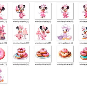 Puede incluir: Una colecci&oacute;n de ilustraciones en acuarela con Minnie Mouse y otros personajes de Disney en un tema de panader&iacute;a. Las im&aacute;genes incluyen donuts, pasteles y Minnie Mouse con atuendo de chef. El texto "minniepatisserie" est&aacute; presente en cada imagen.