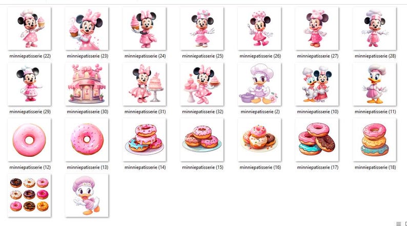 Puede incluir: Una colecci&oacute;n de ilustraciones en acuarela con Minnie Mouse y otros personajes de Disney en un tema de panader&iacute;a. Las im&aacute;genes incluyen donuts, pasteles y Minnie Mouse con atuendo de chef. El texto "minniepatisserie" est&aacute; presente en cada imagen.