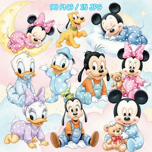以下が含まれることがあります： ディズニーのキャラクターが赤ちゃんになったデジタルイラスト。ミッキーマウス、ミニーマウス、ドナルドダック、デイジーダック、グーフィー、プルートがベビー服を着ています。画像には「90 PNG / 15 JPG」というテキストが含まれています。