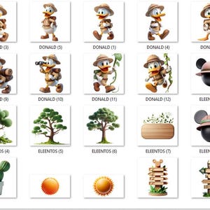 May include: A collection of digital art featuring Donald Duck in various poses, dressed in safari attire, and other images of trees, Mickey Mouse ears, and cacti. Each image is labeled with text.