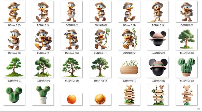 May include: A collection of digital art featuring Donald Duck in various poses, dressed in safari attire, and other images of trees, Mickey Mouse ears, and cacti. Each image is labeled with text.