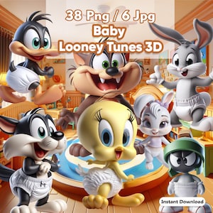 Pode incluir: Imagem digital de personagens Looney Tunes bebês renderizados em 3D, incluindo Pato Donald, Pernalonga, Piu-Piu e Frajola. A imagem inclui o texto "38 Png / 6 Jpg Baby Looney Tunes 3D" e "Instant Download".