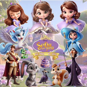 Może przedstawiać: Cyfrowa ilustracja z postaciami z filmu Disneya "Sofia the First". Obraz zawiera Zofię, jednorożca, księcia, smoka, królika, ciasto, ptaka, wiewiórkę, czarownicę i czarodzieja. Tło przedstawia zamek i kwiaty.