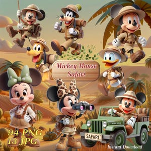 Musse Pigg Safari Clipart - Konst för sublimering - Tryck för barnkalastillbehör - Musse Pigg PNG - Safari Clipart