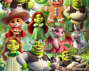 Imágenes prediseñadas de Shrek, paquete PNG de Shrek, archivos digitales para cumpleaños de Shrek con burro, Fiona, decoraciones para pastel de Shrek - Descarga instantánea