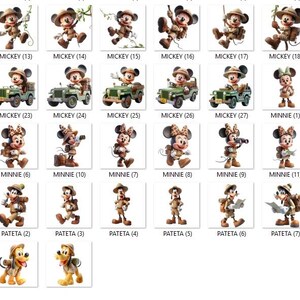 May include: A collection of cartoon character illustrations, including Mickey Mouse, Minnie Mouse, and Pluto, in safari-themed outfits. The images feature various poses and actions, with some characters in jeeps. The text "MICKEY", "MINNIE", and "PATETA" is visible.