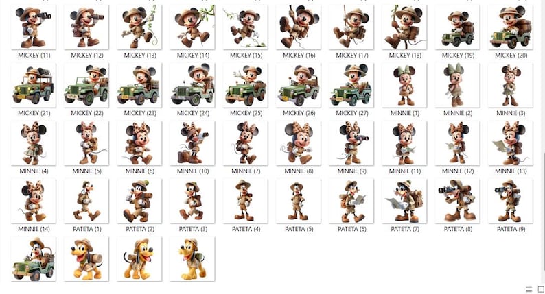 May include: A collection of cartoon character illustrations, including Mickey Mouse, Minnie Mouse, and Pluto, in safari-themed outfits. The images feature various poses and actions, with some characters in jeeps. The text "MICKEY", "MINNIE", and "PATETA" is visible.