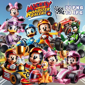 Pode incluir: Uma ilustração vibrante com Mickey Mouse e seus amigos em carros de corrida. A imagem mostra personagens como Mickey, Minnie, Pato Donald e Pateta, todos vestidos com roupas de corrida. O texto "Mickey and the Roadster Racers" é visível.