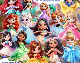 Puede incluir: Una colección de ilustraciones de princesas de dibujos animados, cada una con una pose y un vestido únicos. Las princesas son de varios colores, incluyendo rojo, azul, amarillo y verde. La imagen incluye el texto "Cute Princess", "57 PNG", "16 JPG" y "Instant Download".
