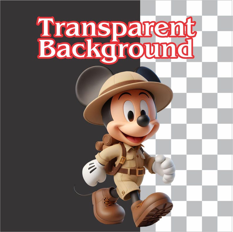 May include: A 3D rendering of Mickey Mouse in safari attire, including a tan hat, shirt, shorts, and boots. He has a backpack and is walking forward. The text "Transparent Background" is above him in red.