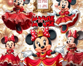 Paquete de imágenes prediseñadas de Minnie Mouse Royal: Princesa Minnie PNG, kit digital rojo y dorado, decoración para fiestas, descarga instantánea