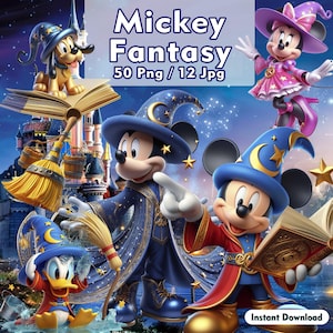 Könnte beinhalten: Digitale Illustration mit Mickey Mouse, Minnie Mouse, Pluto und Donald Duck in Zaubererkleidung. Das Bild enthält den Text "Mickey Fantasy 50 Png / 12 Jpg" und "Instant Download". Die Charaktere sind vor einem Sternenhintergrund platziert.
