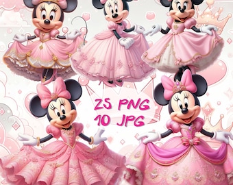 Paquete de imágenes prediseñadas de Minnie Mouse en rosa real, 25 ilustraciones PNG, 10 papeles digitales, arte de la princesa Minnie Mouse, arte de sublimación de la princesa Minnie Mouse