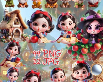 Peut inclure: Image d'art numérique présentant des représentations de dessins animés de Blanche-Neige et des Sept Nains. L'image comprend plusieurs versions de Blanche-Neige, tenant des pommes, et les nains dans diverses poses. L'image comprend également le texte "44 PNG 12 JPG".