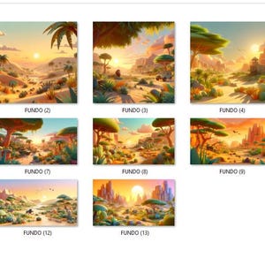 May include: A collection of digital landscape art prints featuring desert scenes with warm sunset colors. The images depict various desert landscapes with trees, mountains, and vehicles. The prints are labeled "FUNDO" followed by a number.