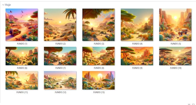 May include: A collection of digital landscape art prints featuring desert scenes with warm sunset colors. The images depict various desert landscapes with trees, mountains, and vehicles. The prints are labeled "FUNDO" followed by a number.