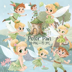 Może przedstawiać: Fantazyjna ilustracja z postaciami z Piotrusia Pana. Obraz przedstawia Piotrusia Pana, wróżki i domek na drzewie. Widoczny jest tekst "Peter Pan" oraz "39 PNG - 15 JPG". Kolorystyka jest delikatna, z zielenią, błękitem i różem.