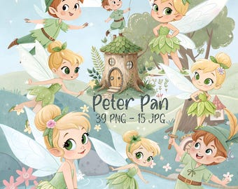 Paquete de imágenes prediseñadas de acuarela de Peter Pan | Imágenes PNG de hadas | Personajes de fantasía adorables, Campanilla y arte del bosque mágico