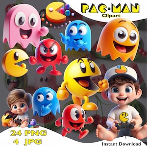 Könnte beinhalten: Eine Sammlung farbenfroher Pac-Man-Charakter-Clipart, darunter Geister und Pac-Man-Figuren. Das Bild zeigt auch ein junges Kind, das einen Videospiel-Controller hält. Der Text "PAC-MAN Clipart" wird oben angezeigt.