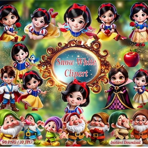 以下が含まれることがあります： 白雪姫のクリップアート画像のコレクション。画像には、白雪姫、七人の小人、その他の童話の登場人物が含まれています。画像は漫画スタイルで、明るい色を特徴としています。「Snow White Clipart」というテキストが金のフレームに入っています。