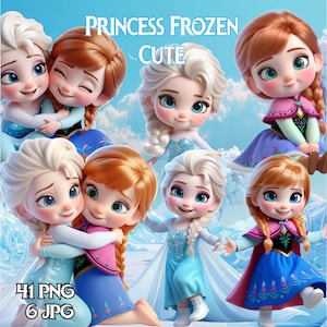 May include: Digital art featuring multiple cartoon images of Elsa and Anna from the movie Frozen. The characters are depicted in various poses, wearing their signature dresses. The text "PRINCESS FROZEN CUTE" is displayed at the top, with "41 PNG 6 JPG" at the bottom.