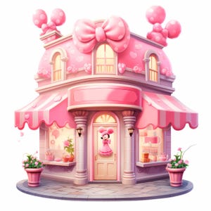 Puede incluir: Un edificio rosa caprichoso con un gran lazo en la parte superior, adornado con detalles de corazones y lunares. El edificio presenta un toldo a rayas, flores en macetas y una figura de Minnie Mouse en la puerta. El dise&ntilde;o general es encantador.