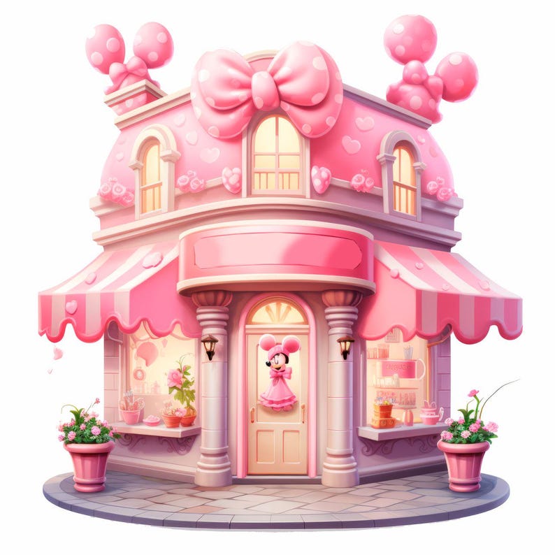 Puede incluir: Un edificio rosa caprichoso con un gran lazo en la parte superior, adornado con detalles de corazones y lunares. El edificio presenta un toldo a rayas, flores en macetas y una figura de Minnie Mouse en la puerta. El dise&ntilde;o general es encantador.