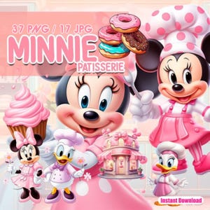 Puede incluir: Una ilustraci&oacute;n digital con Minnie Mouse y sus amigos en un tema de pasteler&iacute;a rosa. La imagen incluye donuts, cupcakes y una panader&iacute;a. El texto de la imagen dice "MINNIE PATISSERIE" y "Instant Download".