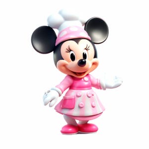 Puede incluir: Figura de Minnie Mouse vestida de chef. Lleva un gorro de chef rosa con lunares blancos, un vestido rosa con rayas blancas y botones rosas, y zapatos rosas. Sus guantes blancos est&aacute;n levantados en un gesto amistoso.
